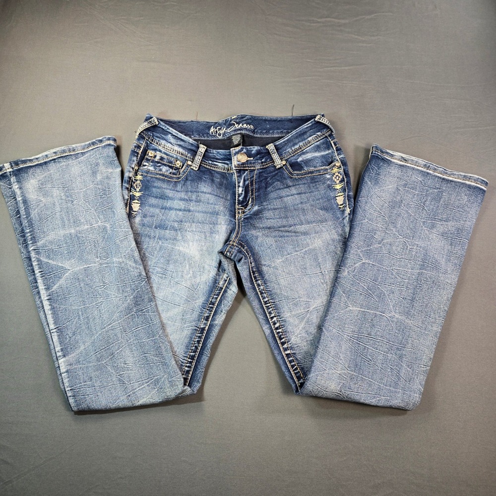 Ariya Jeans Women Medium Wash Bootcut Embroidered Flap Pocket Denim Blue Size7/8